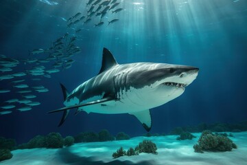 Fototapeta premium Great white shark swims in the deep blue ocean with sunlight rays