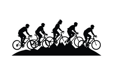 Obraz premium Cyclists silhouette riding bikes on a mountain landscape