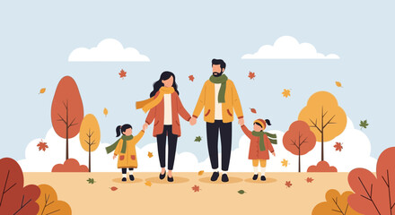 Happy Family Enjoying Together in Autumn Season Walking on a Park