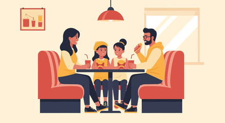 Fototapeta premium Happy Family Enjoying Together at a Restaurant Eating Fast Food Smiling