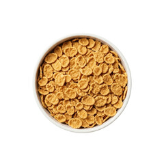 Golden-brown high-fiber bran flakes in a transparent ceramic bowl, meticulously arranged on a seamless transparent background with shadowless studio lighting, precise top-down view, concept for