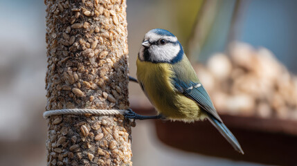 Blaumeise auf einem Vogelh&auml;uschen minimale Produktfotografie