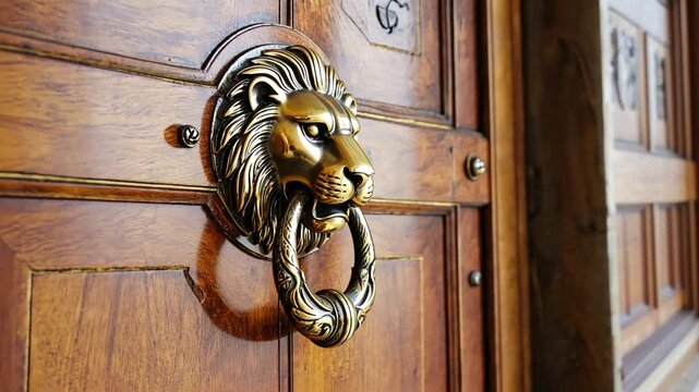 Ornate lion door knocker on a wooden door, showcasing craftsmanship and elegance in a luxurious setting
