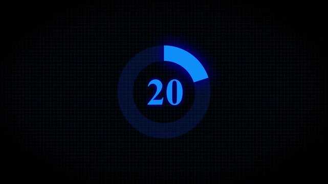 Countdown timer number ,0 to 20 seconds circular countdown digital electronic timer. counting down with green numbers and circle marking time ,Sci-Fi light Effects electronic protection ...