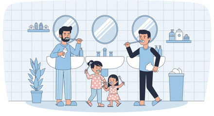 Happy Family Morning Routine With Father And Daughters Brushing Their Teeth