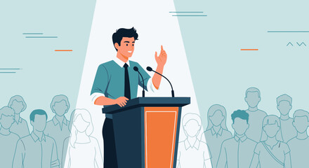 Inspiring Public Speaker Delivering a Speech to an Engaged Audience Illustration