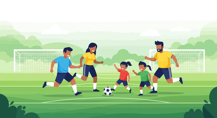 Happy Family Playing Soccer Together On A Sunny Day On A Green Field