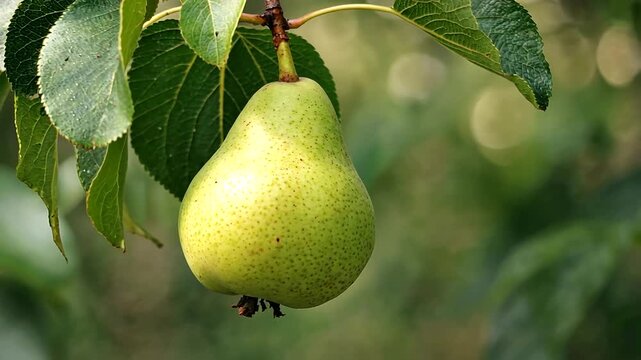 Ripe green pear hanging from a tree branch surrounded by lush foliage in a sunny orchard