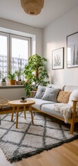 Fototapeta premium A cozy Scandinavian living room with natural light, wooden furniture, houseplants, and a plush patterned rug. A bright and serene interior design.