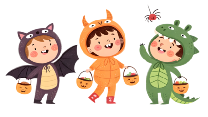 Create 3–4 cute kids dressed as animals (bat, cat, spider, dragon) with small candy buckets, cartoon style.
