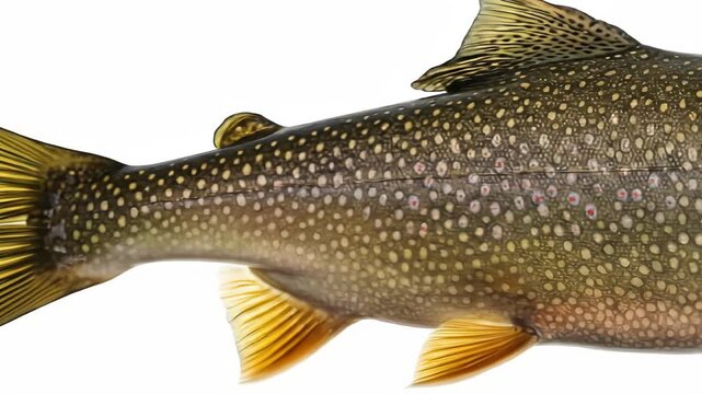 Close-up of Lake Trout - Detailed close-up shot of a lake trout, showcasing its mottled olive-green and brown scales, distinctive markings, and fins. The video is isolated on a white background.
