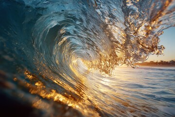 Colorful, large wave at sunset with a perfect barrel and golden light inside.