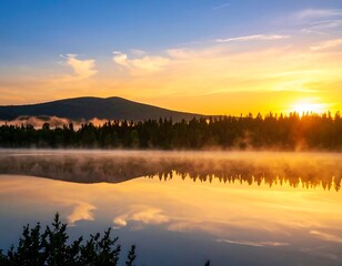 Fototapeta premium Sunrise over a serene lake, mountains, and forest