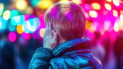 Child with hands over ears in vibrant, illuminated urban setting at night