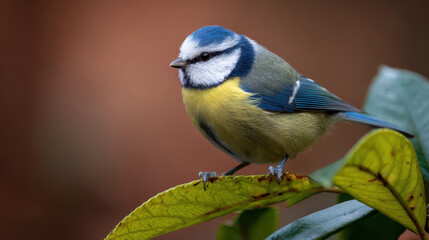 Blaumeise auf Blatt Makrofotografie