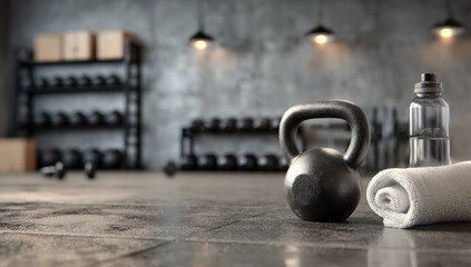 Dark gym, kettlebell, towel, water
