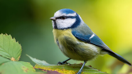 Blaumeise auf Blatt Makrofotografie