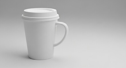 Blank White Coffee Cup with Lid and Handle, Isolated on Light Gray Background - Perfect for Mockups and Branding Designs.