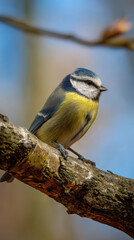 Blaumeise auf Baumzweig vor verschwommenem Hintergrund