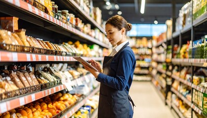 A female employee uses a tablet while checking inventory in a grocery store aisle