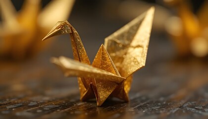 Fototapeta premium Golden Origami Crane Exquisite Paper Craft