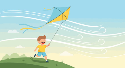 Fototapeta premium Joyful Boy Running With Kite Against A Windy Sky On A Sunny Day