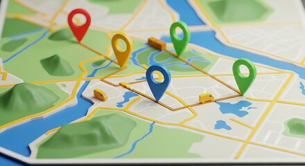 Animated map illustration depicting a route between locations marked by colorful map pins, showcasing navigation, logistics, travel planning, and route optimization for business and tourism.