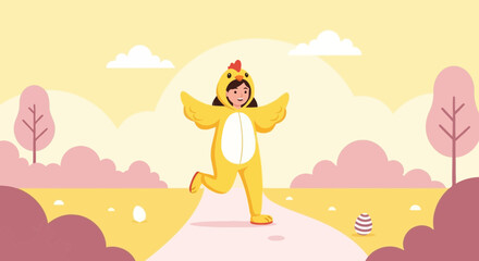 Happy Girl Running In Chicken Costume On Easter Day Landscape Cartoon