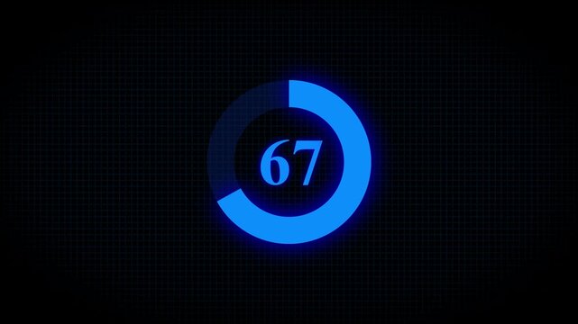 Countdown timer number ,0 to 67 seconds circular countdown digital electronic timer. counting down with green numbers and circle marking time ,Sci-Fi light Effects electronic protection.