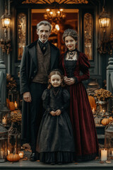 Naklejka premium Famille déguisée en vampires en tenues victoriennes sombres posant devant une maison décorée pour Halloween, ambiance gothique et élégante, costumes noirs, capes, citrouilles et lumière tamisée