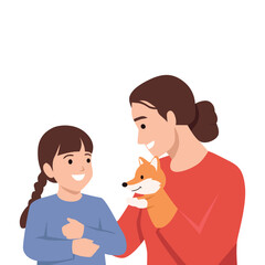 Fototapeta premium Mother entertains her daughter using a fox hand puppet, sharing a joyful and imaginative bonding. Flat vector illustration isolated on white background