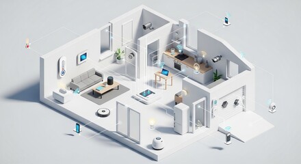 Smart home concept: A 3D illustration depicts interconnected devices and automated systems within a modern, minimalist house, emphasizing technology and convenience.