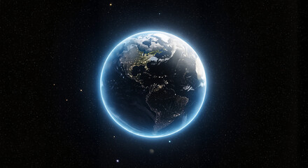 Fototapeta premium Glowing earth is displayed with stunning clarity against black backdrop. Glowing earth showcases continents, oceans, and atmospheric glow.