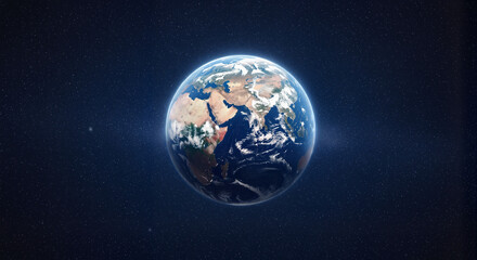 Fototapeta premium Earth from space shows continents and oceans, gleaming in cosmic darkness. Earth is a vibrant sphere in infinite space, with visible geological features and swirling cloud formations