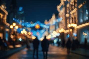 Blurred city street at night, festive lights