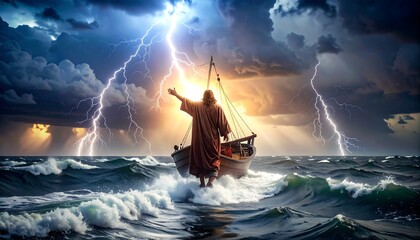 A figure in a robe stands on water in a small boat during a fierce storm with lightning
