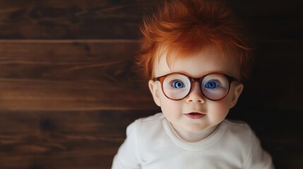 Bright-eyed baby with red hair and glasses smiles against dark wood backdrop