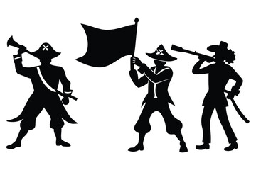 Pirate crew silhouette with flag and instruments