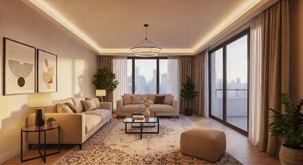 Fototapeta premium Contemporary living room showcasing modern interior, featuring comfortable sofas and stylish furniture, complete with plants for refreshing ambience. Modern interior view captures elegant furnishings