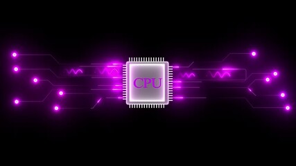 CPU processing system .Data visually depicts an intricate network of glowing lines and particles, complex data processing, and interconnected systems in a neon CPU icon futuristic design with vibrant - Powered by Adobe