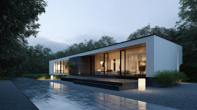 A sleek, modern house with large glass windows, nestled in a tranquil forest setting at dusk. The warm interior lights glow invitingly.