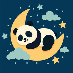 Cute Cartoon Sleeping Panda on Moon with Stars and Clouds for Kids Decor © Aleksandra