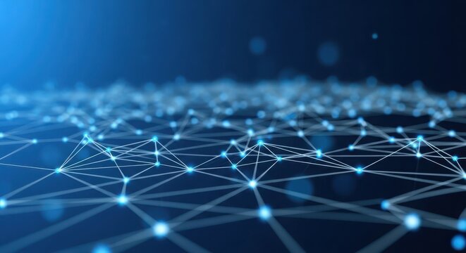 Ai generated image of abstract network of glowing blue nodes and lines on a dark background