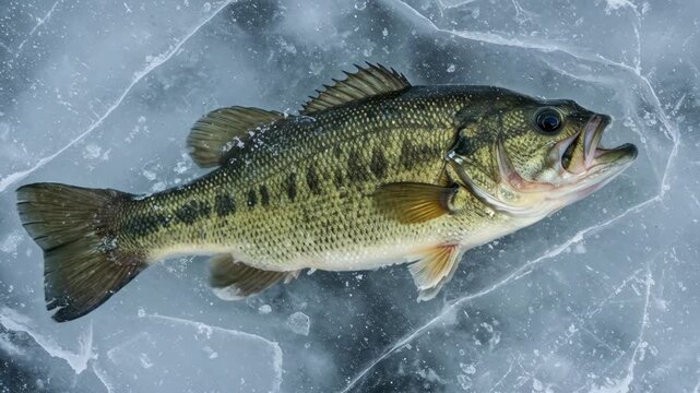 Largemouth Bass Frozen in Ice - A largemouth bass lies frozen in a sheet of cracked ice. The fish is shown in detail, showcasing its scales and fins against the icy background.