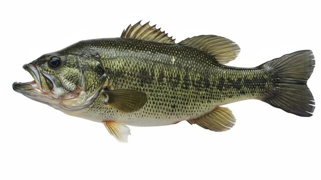 Largemouth Bass Fish on White Background - A detailed close-up shot of a largemouth bass, showcasing its scales, fins, and mouth.