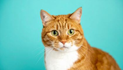 Red haired cat with green eyes against turquoise background. Pet, domestic animal.