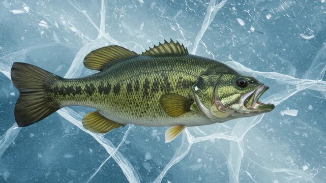 Largemouth Bass on Cracked Ice - A largemouth bass is depicted swimming above a cracked sheet of ice. The fish is detailed and appears lifelike against the cold, blue-toned background.