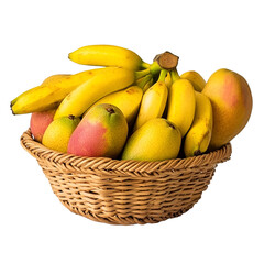 Harvesting fresh bananas and mangoes in a rustic basket kitchen setting still life photography bright colors