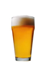 A refreshing pint of golden beer with a frothy head, isolated on a transparent background
