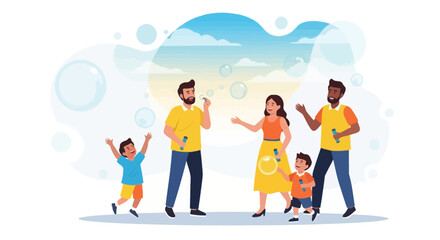 Fototapeta premium Joyful Family Moments Blowing Bubbles Together in Park Setting Vector